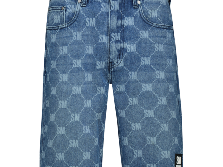 ALEX MID BLUE PRINTED DENIM SHORTS For Cheap